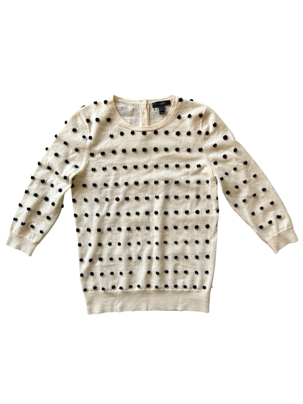 J. Crew Merino Cream Crewneck Sweater with Black Pom-Pom Dot 3/4 Sleeve *Flawed*